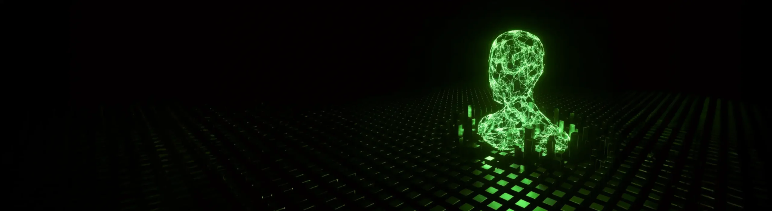 black background with green geometric head structure