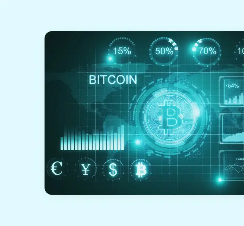 light blue background with blue graph and crypto sіgns