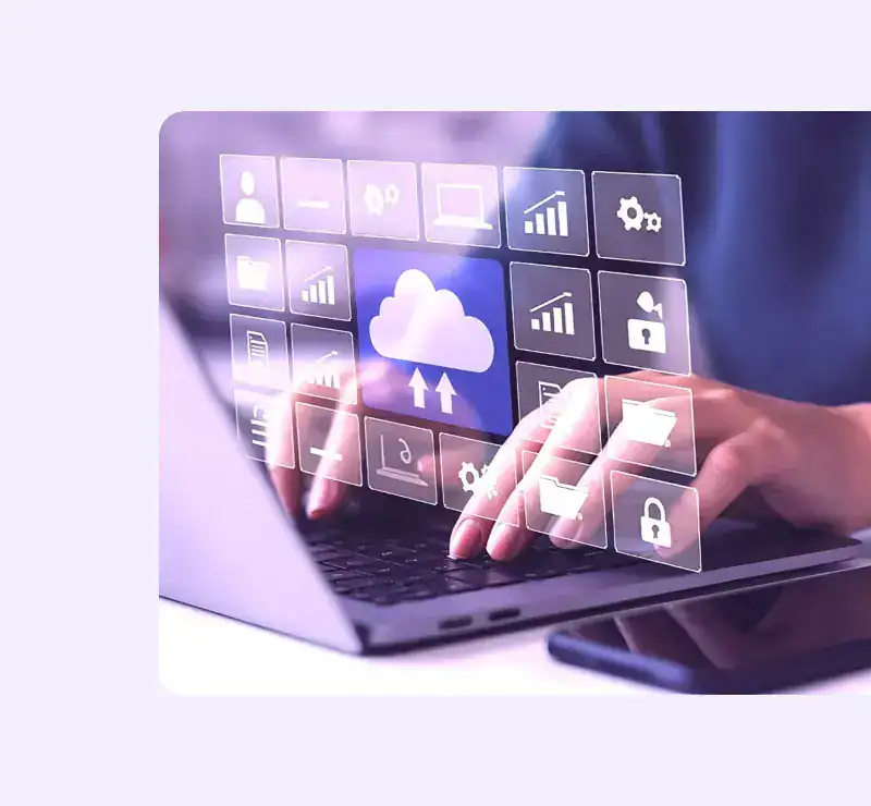 pink background with laptop and transparent icons